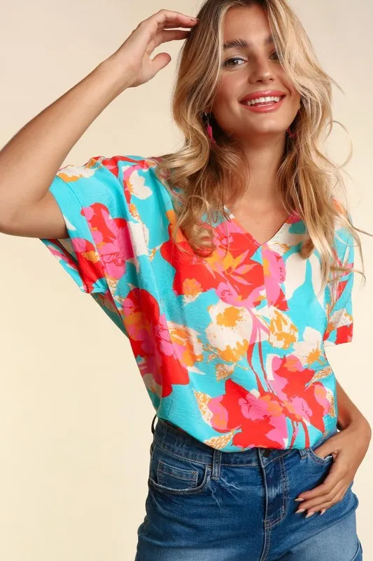 DROP SHOULDER DOLMAN BANDED FLORAL WOVEN TOP sold by The Dogwood Boutique