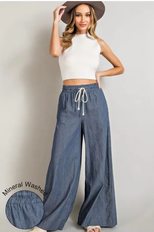Washed Pinstripe Tie Waste Wide Leg Pants sold by The Dogwood Boutique