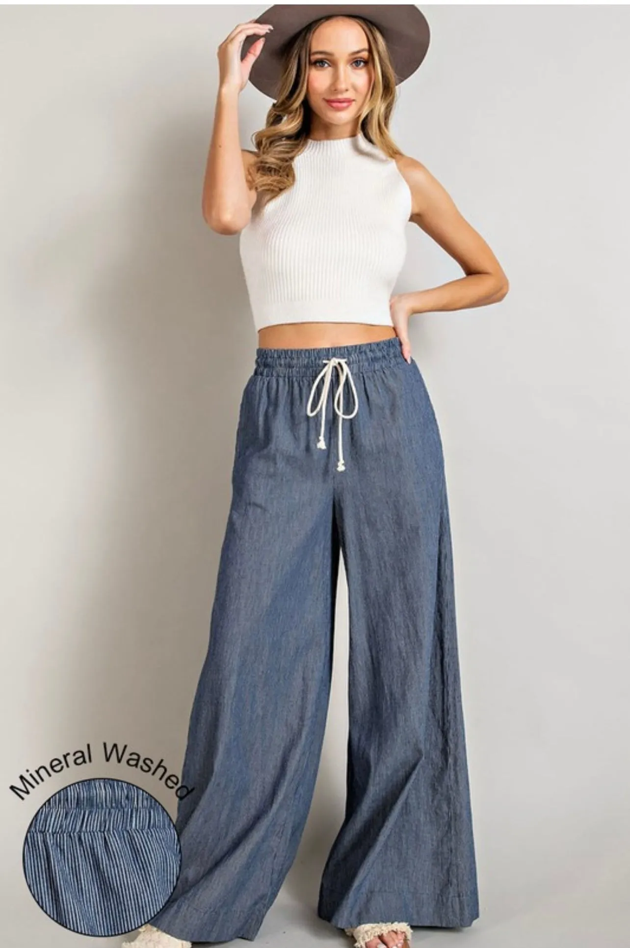 Washed Pinstripe Tie Waste Wide Leg Pants sold by The Dogwood Boutique