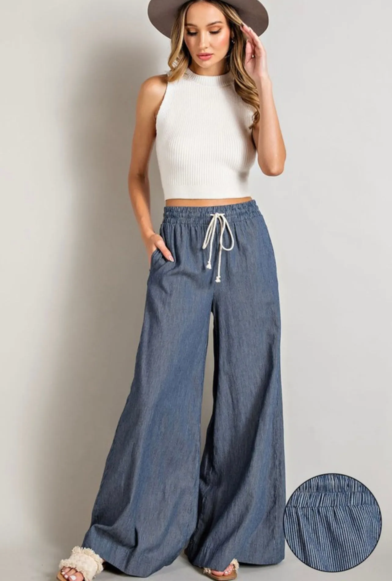 Washed Pinstripe Tie Waste Wide Leg Pants sold by The Dogwood Boutique product image thumbnail 2