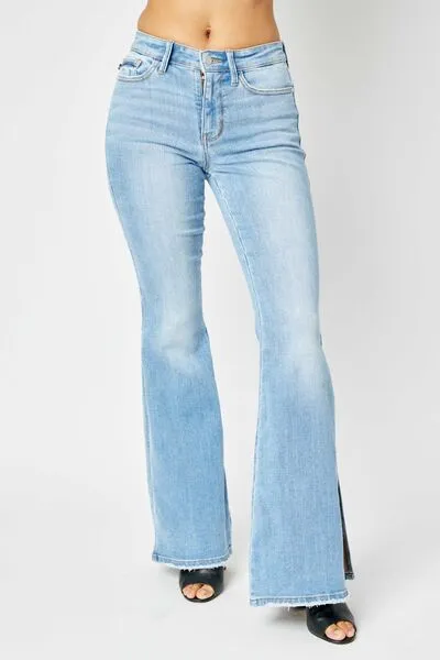 Judy Blue Full Size Mid Rise Raw Hem Slit Flare Jeans sold by The Dogwood Boutique