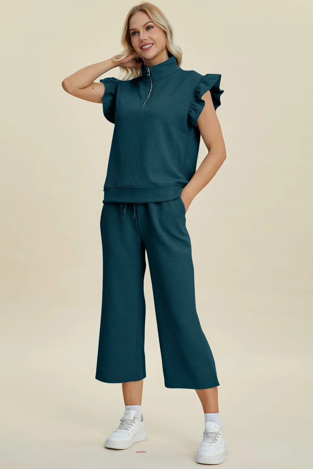 Full Size Texture Ruffle Short Sleeve Top and Wide Leg Pants Set sold by The Dogwood Boutique product image thumbnail 5