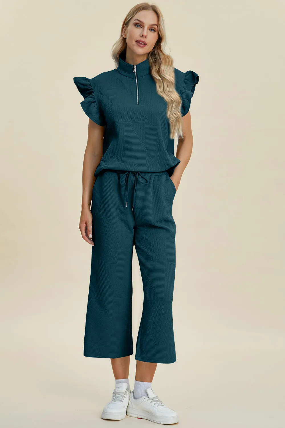 Full Size Texture Ruffle Short Sleeve Top and Wide Leg Pants Set sold by The Dogwood Boutique product image thumbnail 3