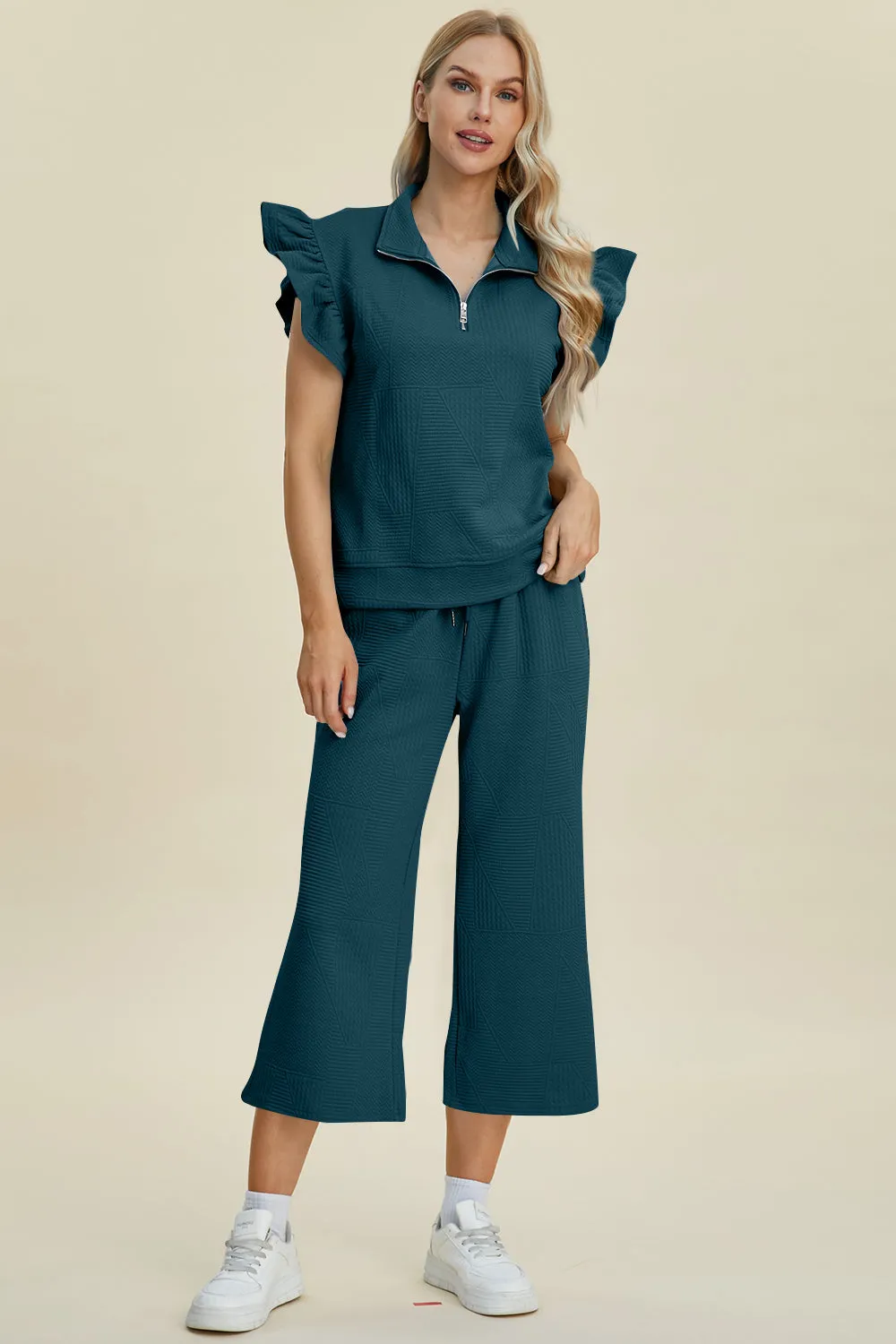 Full Size Texture Ruffle Short Sleeve Top and Wide Leg Pants Set sold by The Dogwood Boutique product image thumbnail 4