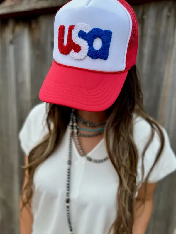USA Chenille Foam Trucker Cap sold by The Dogwood Boutique