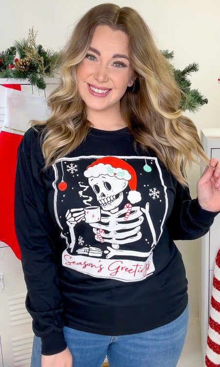 Skeleton Season's Greetings Graphic LS T-Shirt sold by The Dogwood Boutique product image thumbnail 3