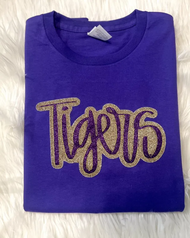Tigers Double Stack Glitter Embroidered Tee Shirt sold by The Dogwood Boutique