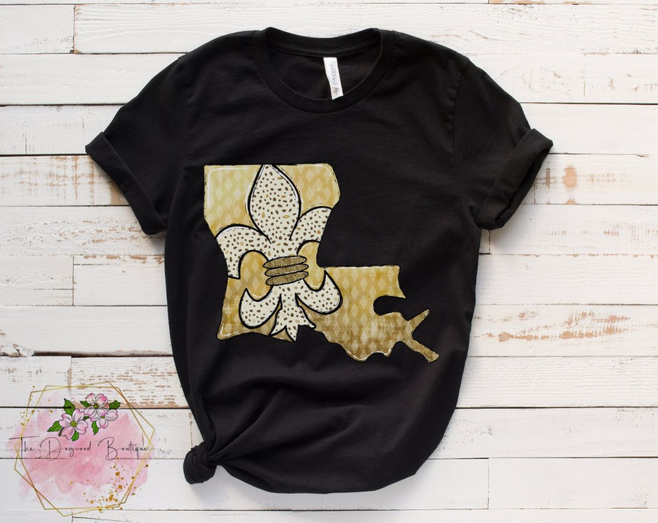 *Exclusive* LA State Gold Fleur De Lis Tee sold by The Dogwood Boutique