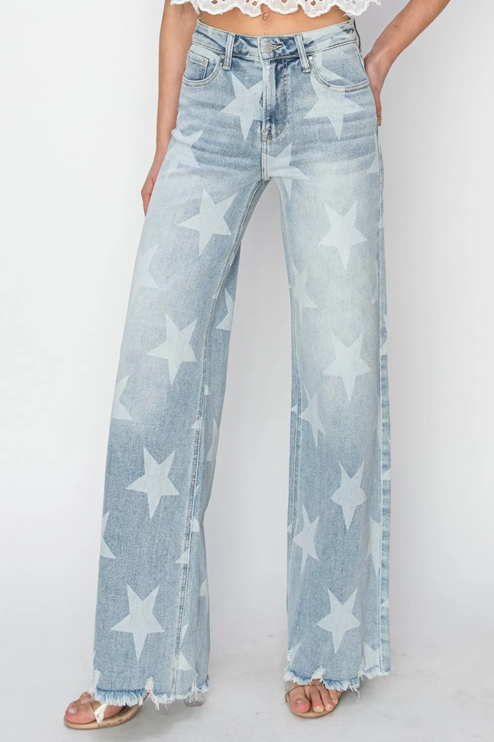 RISEN Full Size Raw Hem Star Wide Leg Jeans sold by The Dogwood Boutique