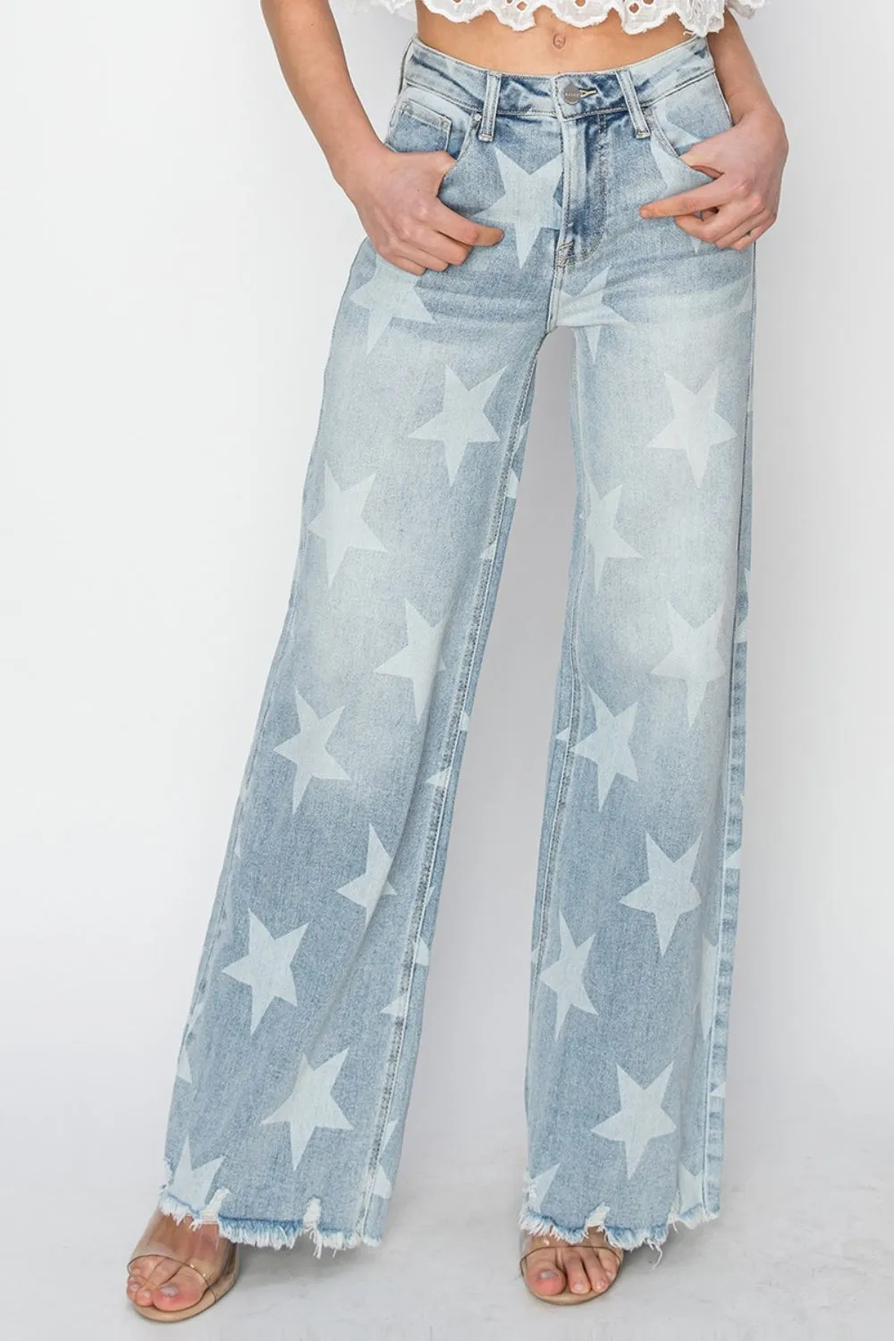 RISEN Full Size Raw Hem Star Wide Leg Jeans sold by The Dogwood Boutique product image thumbnail 5