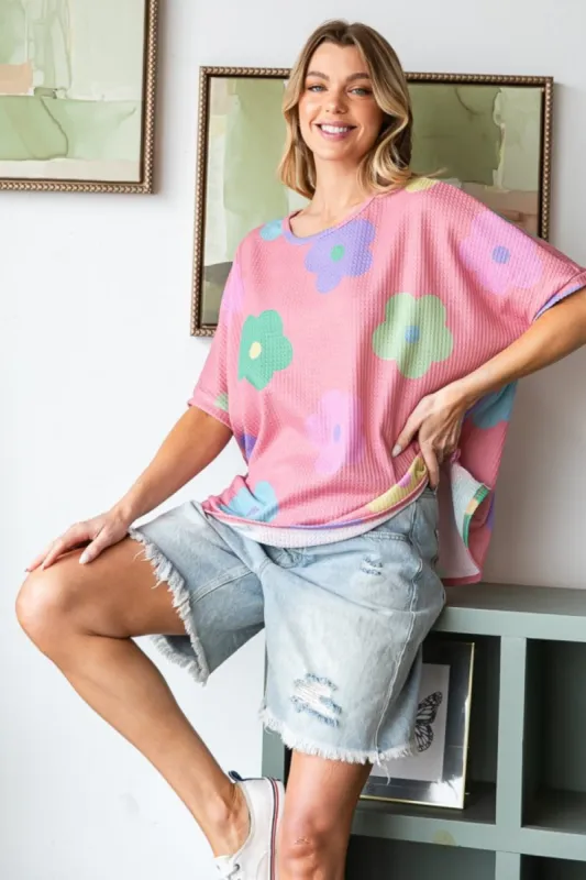 HOPELY Full Size Floral Round Neck Side Slit Waffle T-Shirt sold by The Dogwood Boutique