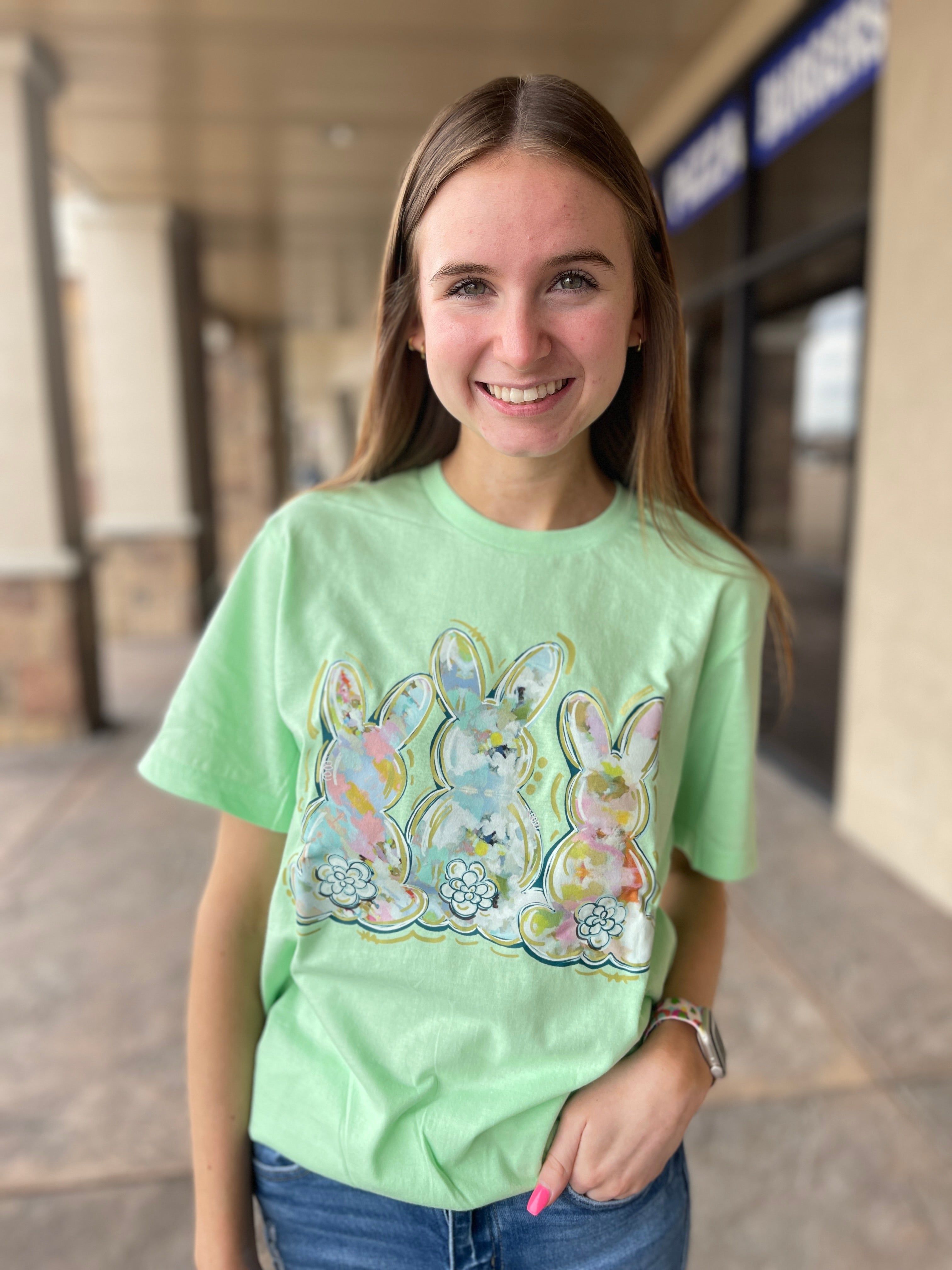 Watercolor Bunny Trio Tee sold by The Dogwood Boutique