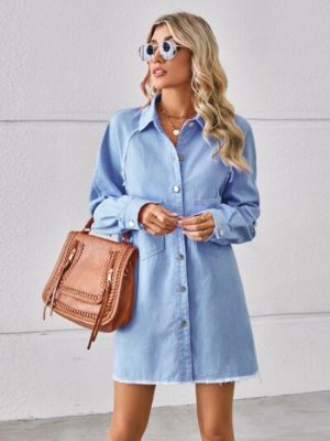 Raw Hem Button Up Denim Dress sold by The Dogwood Boutique