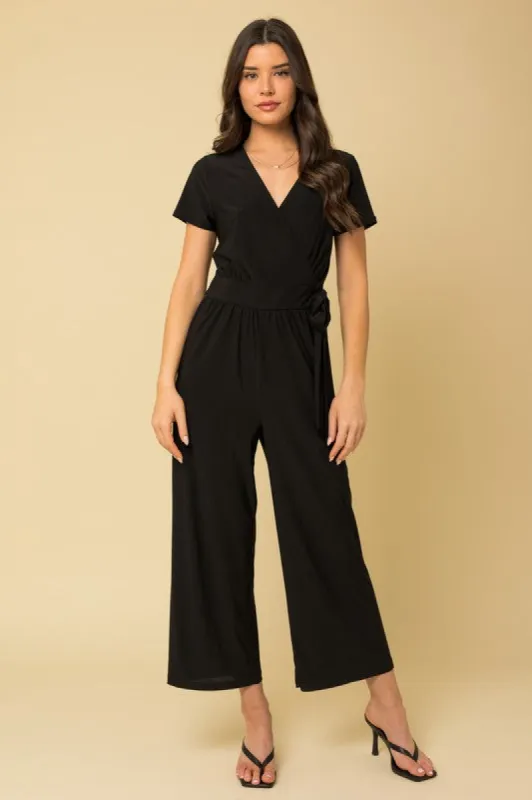 Solid Surplice Cropped Jumpsuit with Faux Wrap sold by The Dogwood Boutique