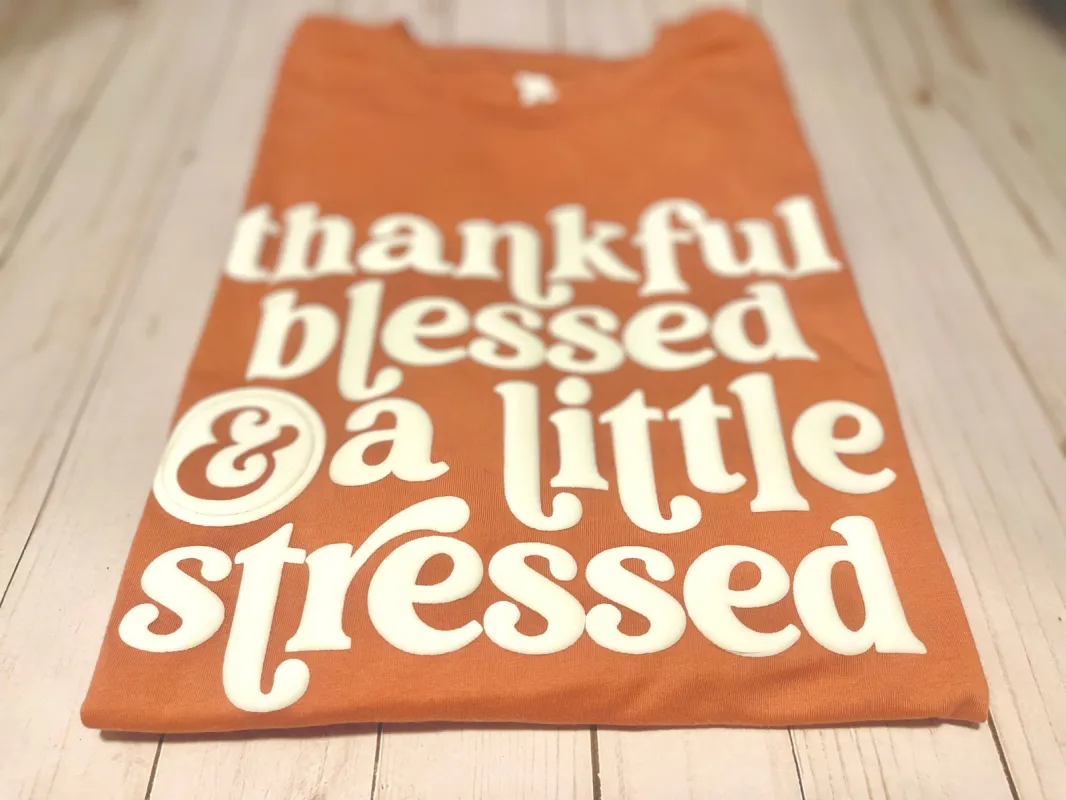 Thankful Blessed & a Little Stressed PUFF Print Tee sold by The Dogwood Boutique