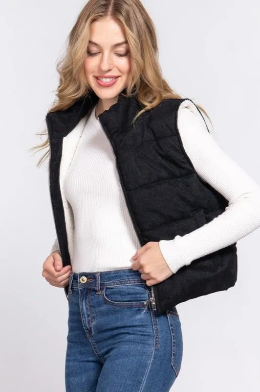 Black Corduroy Inner Faux Fur Puffer Vest sold by The Dogwood Boutique