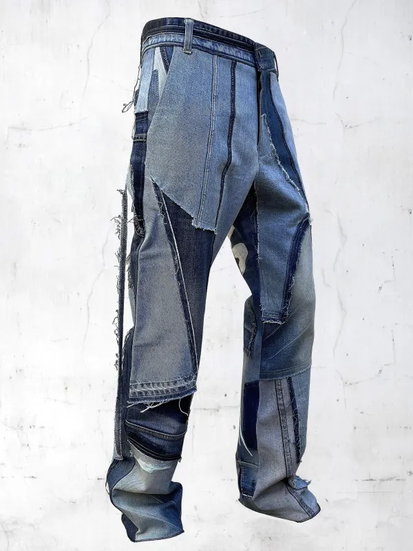 DENIM PRINTED PATCHWORK PANTS BLUE made by APOC
