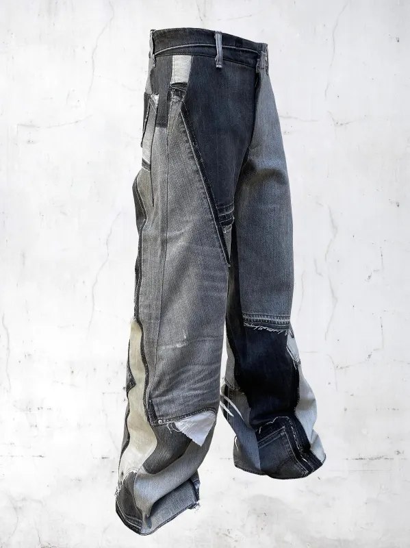 DENIM PRINTED PATCHWORK PANTS GREY made by APOC
