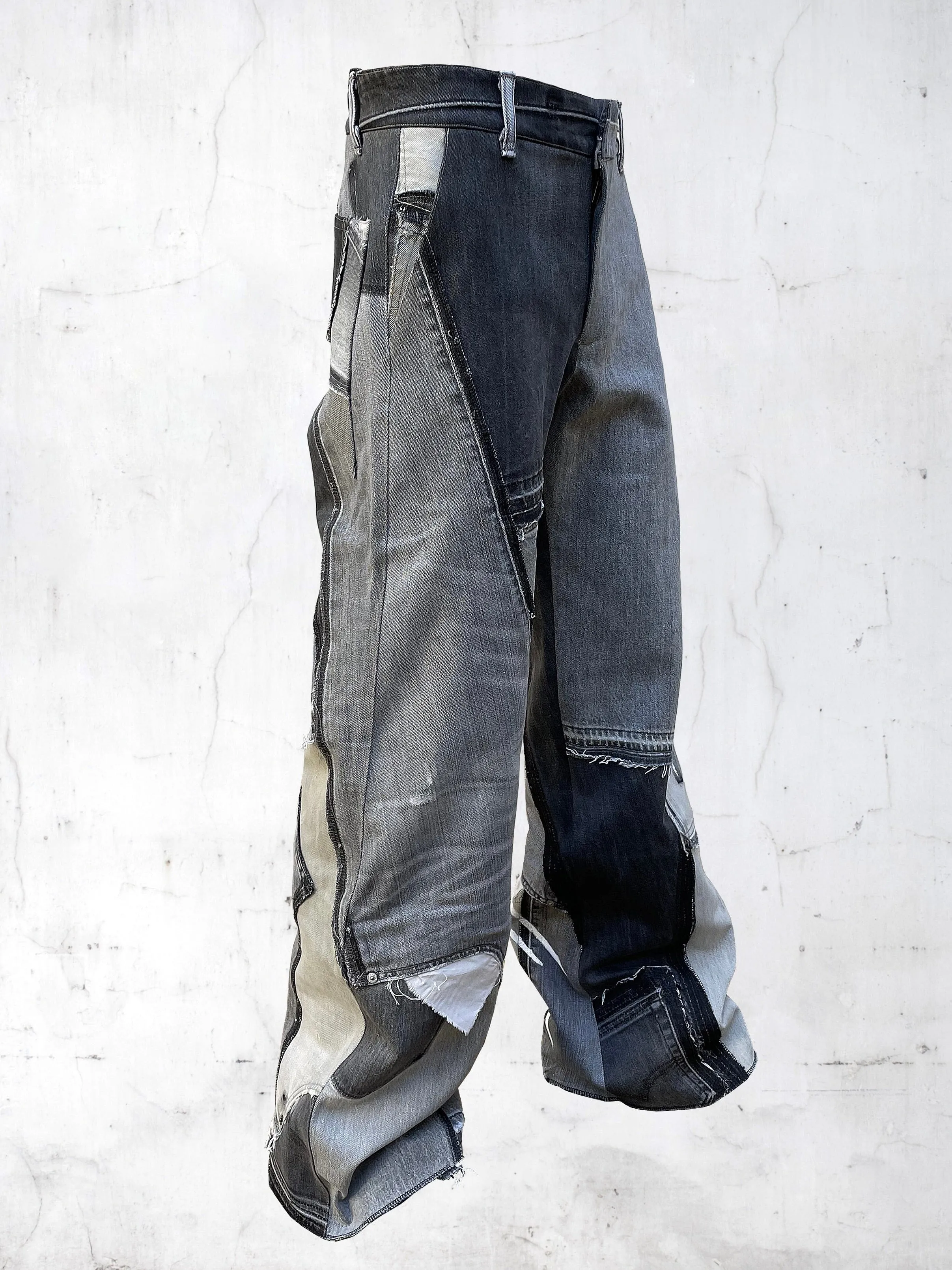 DENIM PRINTED PATCHWORK PANTS GREY sold by APOC