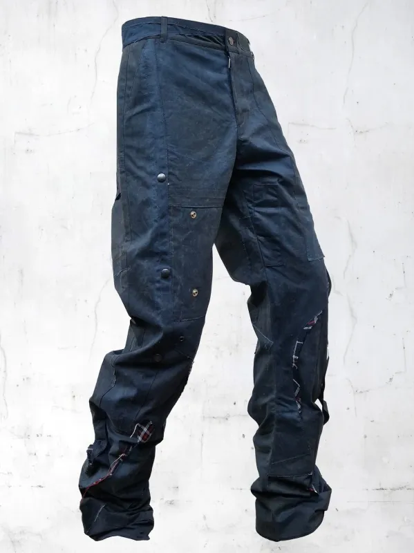 C-SHAPE WAXED PATCHWORK PANTS BLUE made by APOC