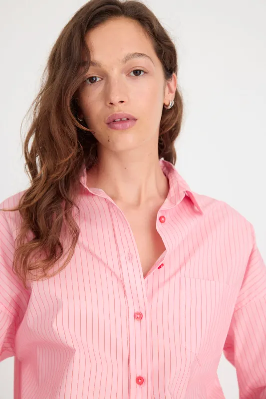 Chiara Long Sleeve Shirt Pinstripe - Pink/Spicy Orange made by LMND