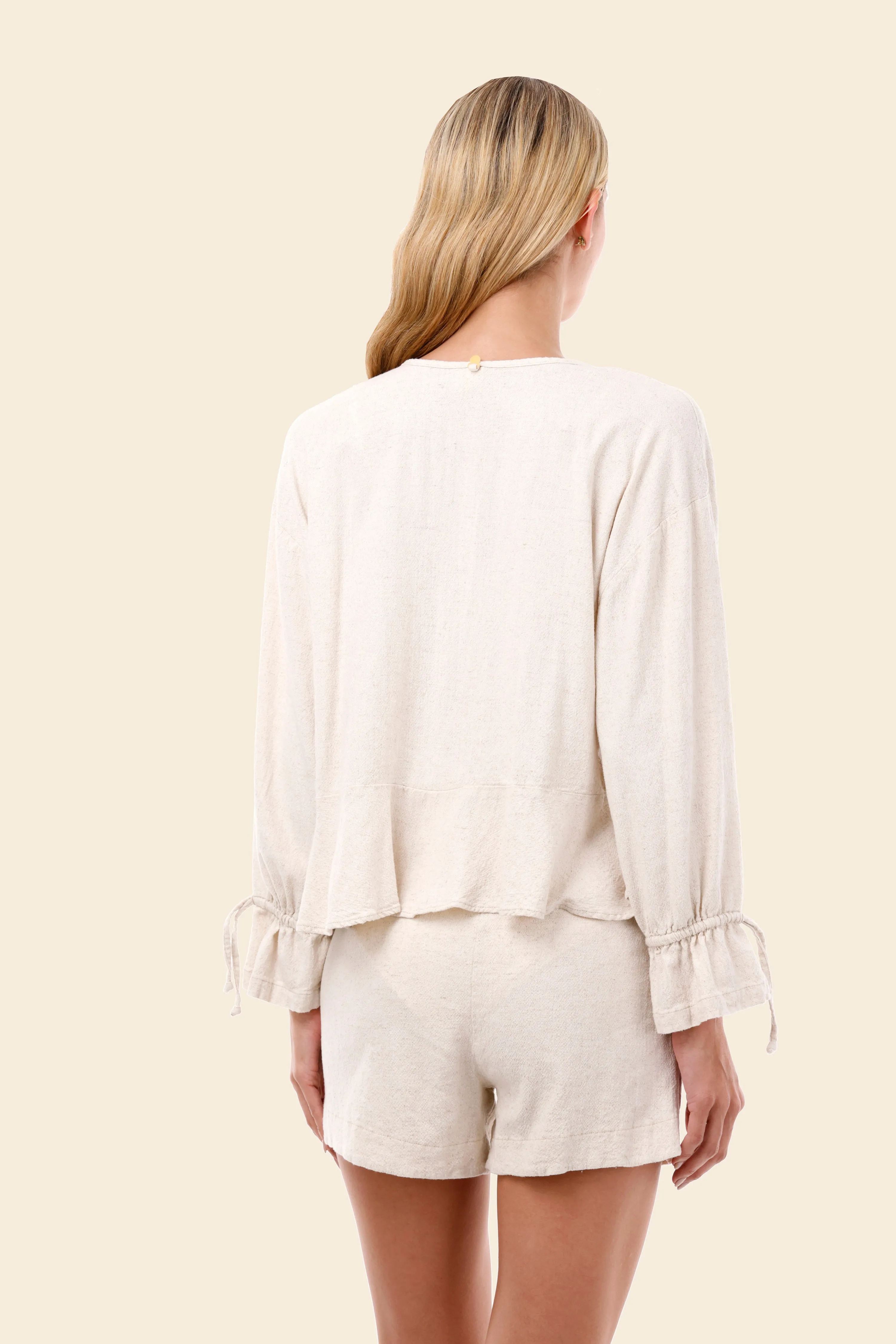 Ivory Linen Seed Luster Ruffle Shirt sold by Malai Swimwear product image thumbnail 3