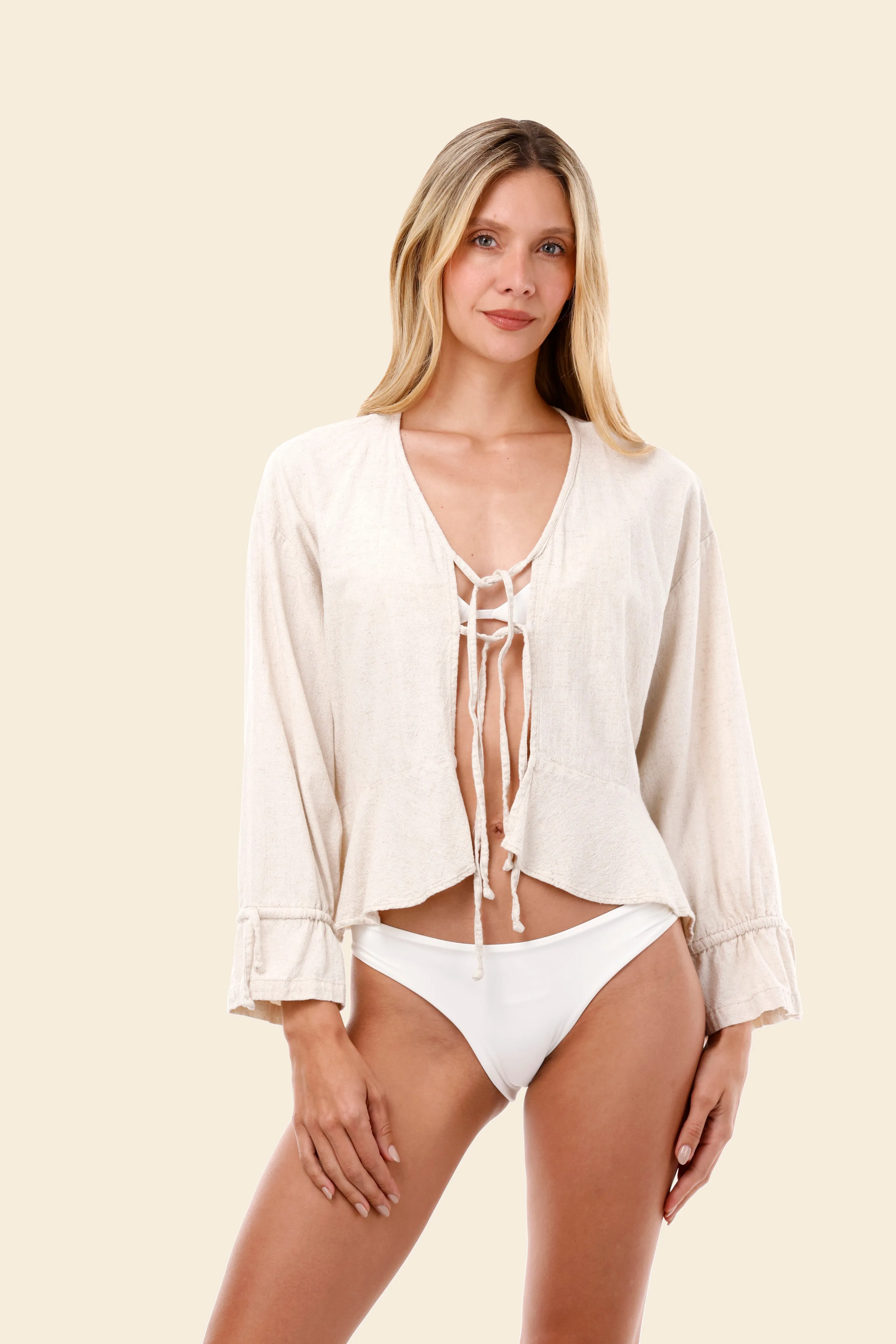 Ivory Linen Seed Luster Ruffle Shirt sold by Malai Swimwear