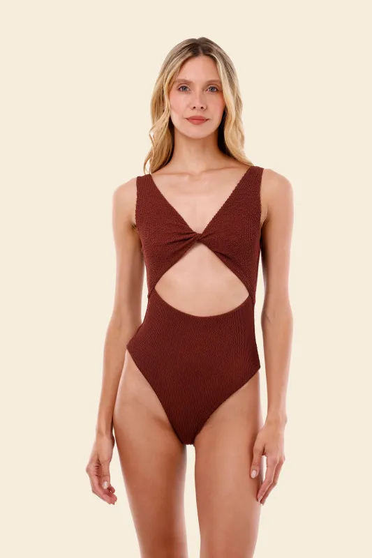 Textured Wave Barn Red Twix One Piece sold by Malai Swimwear