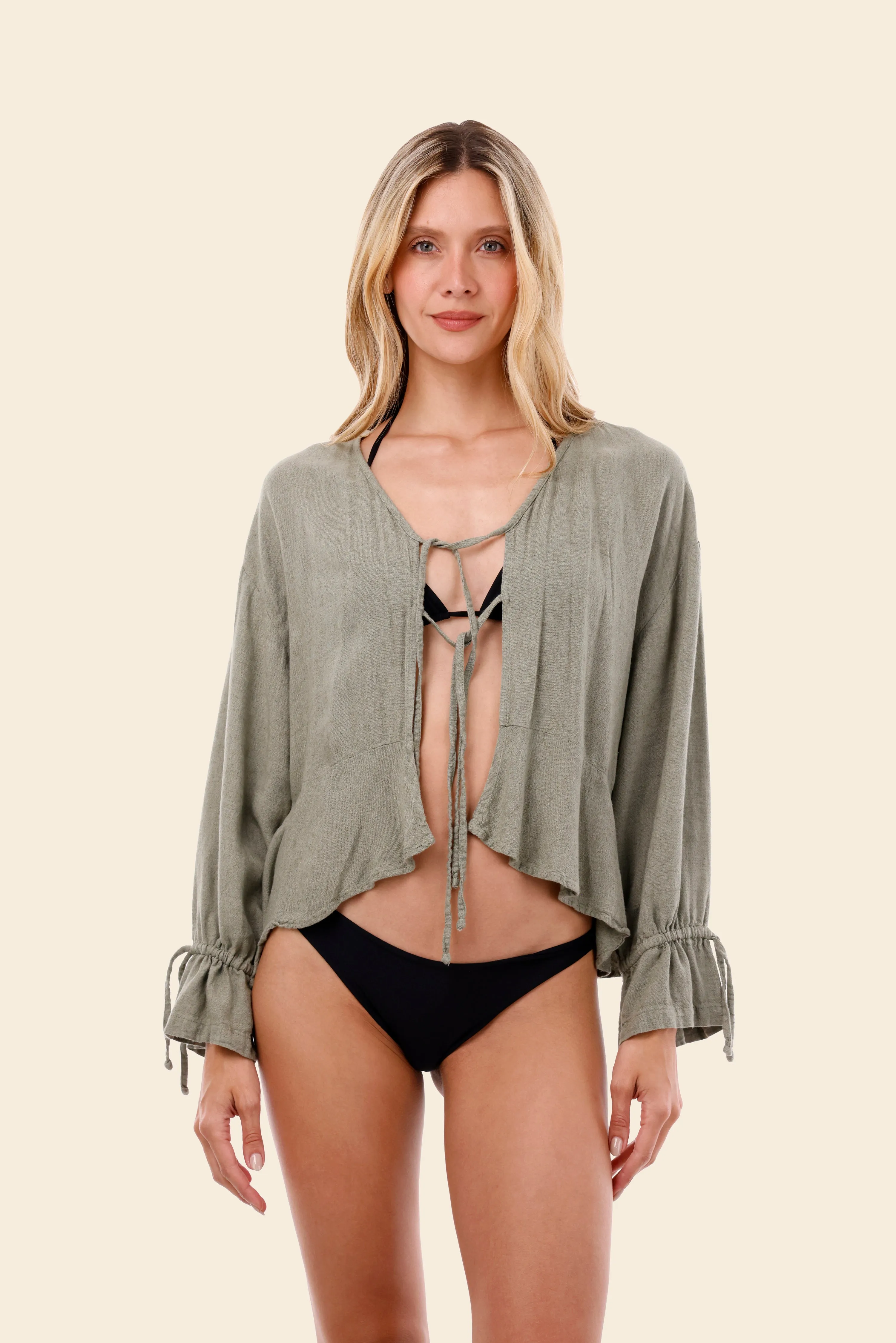Serenity Green Linen Luster Ruffle Shirt sold by Malai Swimwear