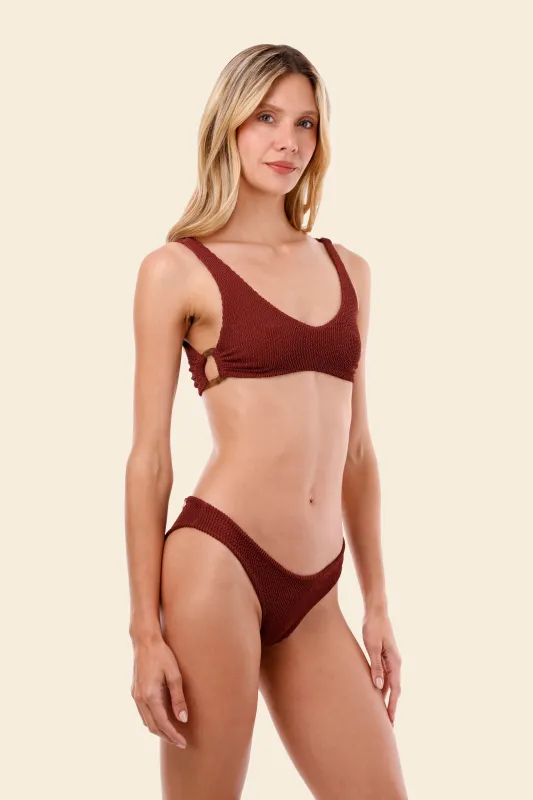 Textured Wave Barn Red Jazz Hop Top sold by Malai Swimwear