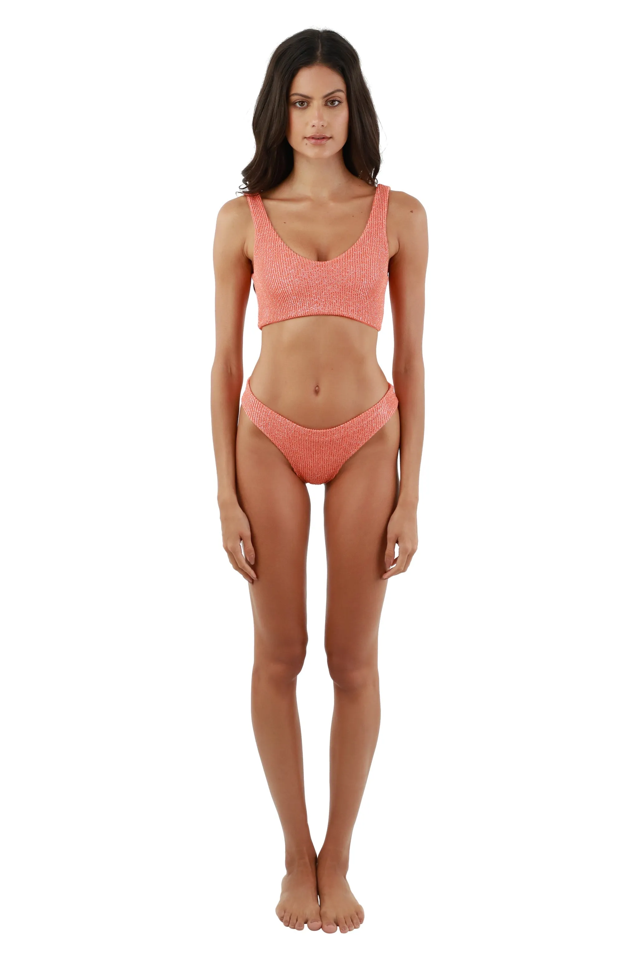Textured Sparkling Sunset Orange Jazz Top sold by Malai Swimwear