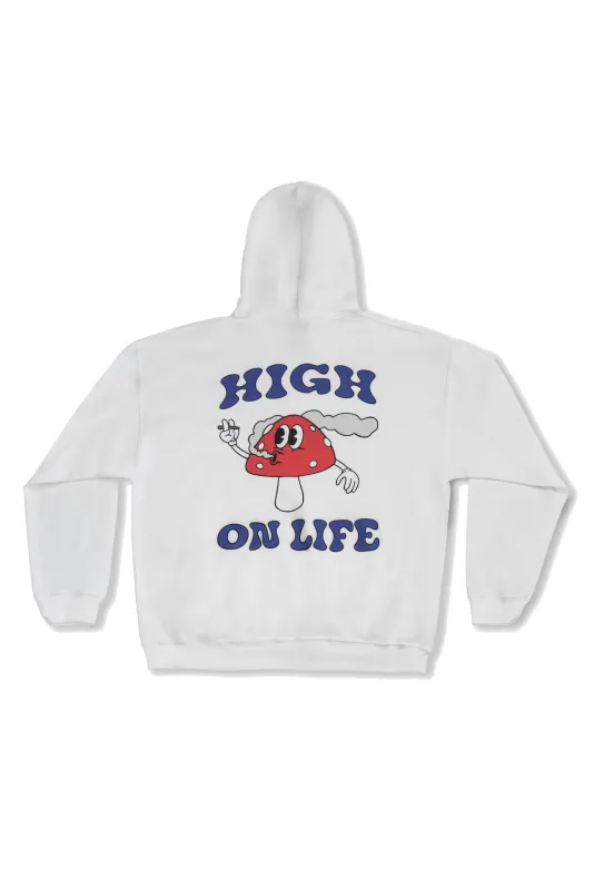 Hoodie in White with High On Life Mushroom Print sold by Dream But Do Not Sleep