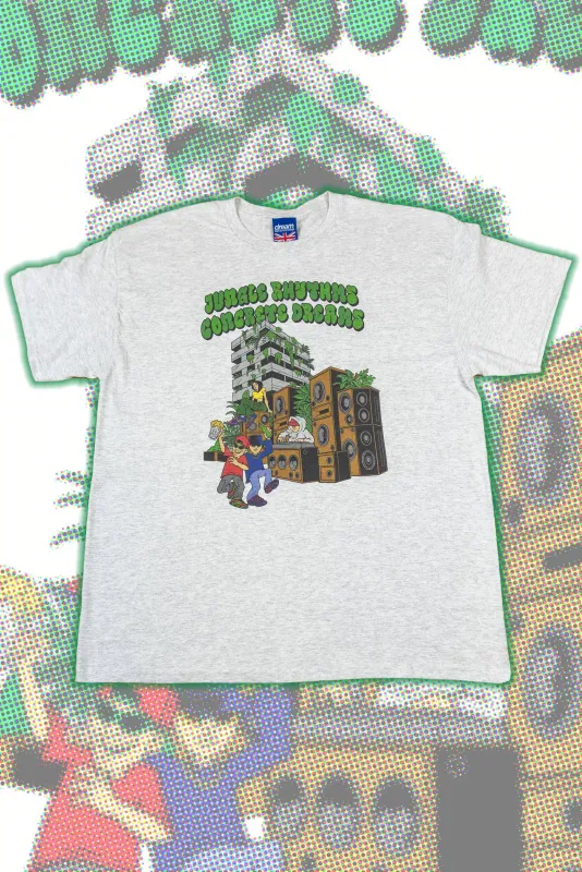 Short Sleeved T-Shirt in Ash Grey with Jungle Rhythms Concrete Dreams Print sold by Dream But Do Not Sleep