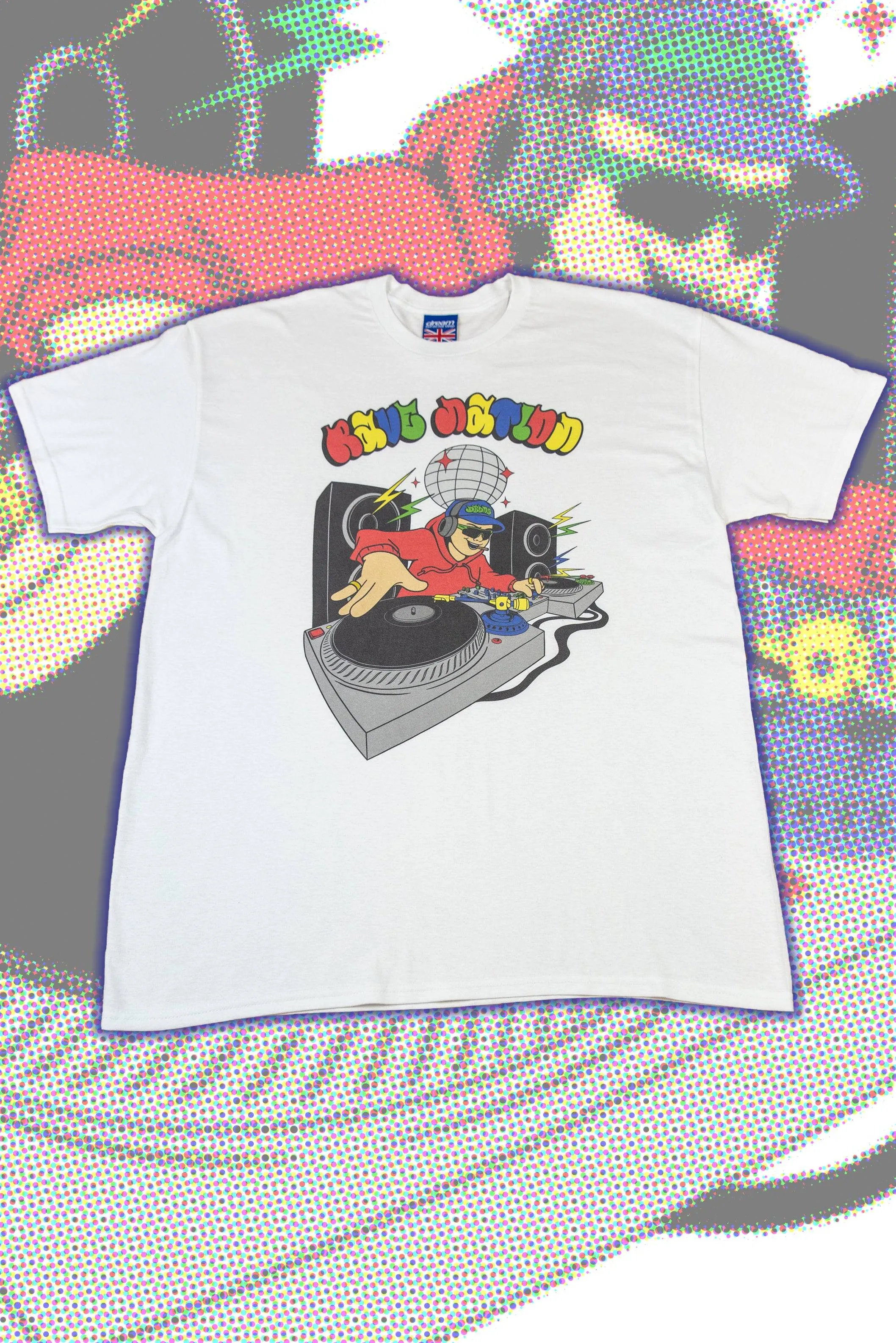 Short Sleeved T-Shirt in White with Rave Nation DJ Print sold by Dream But Do Not Sleep