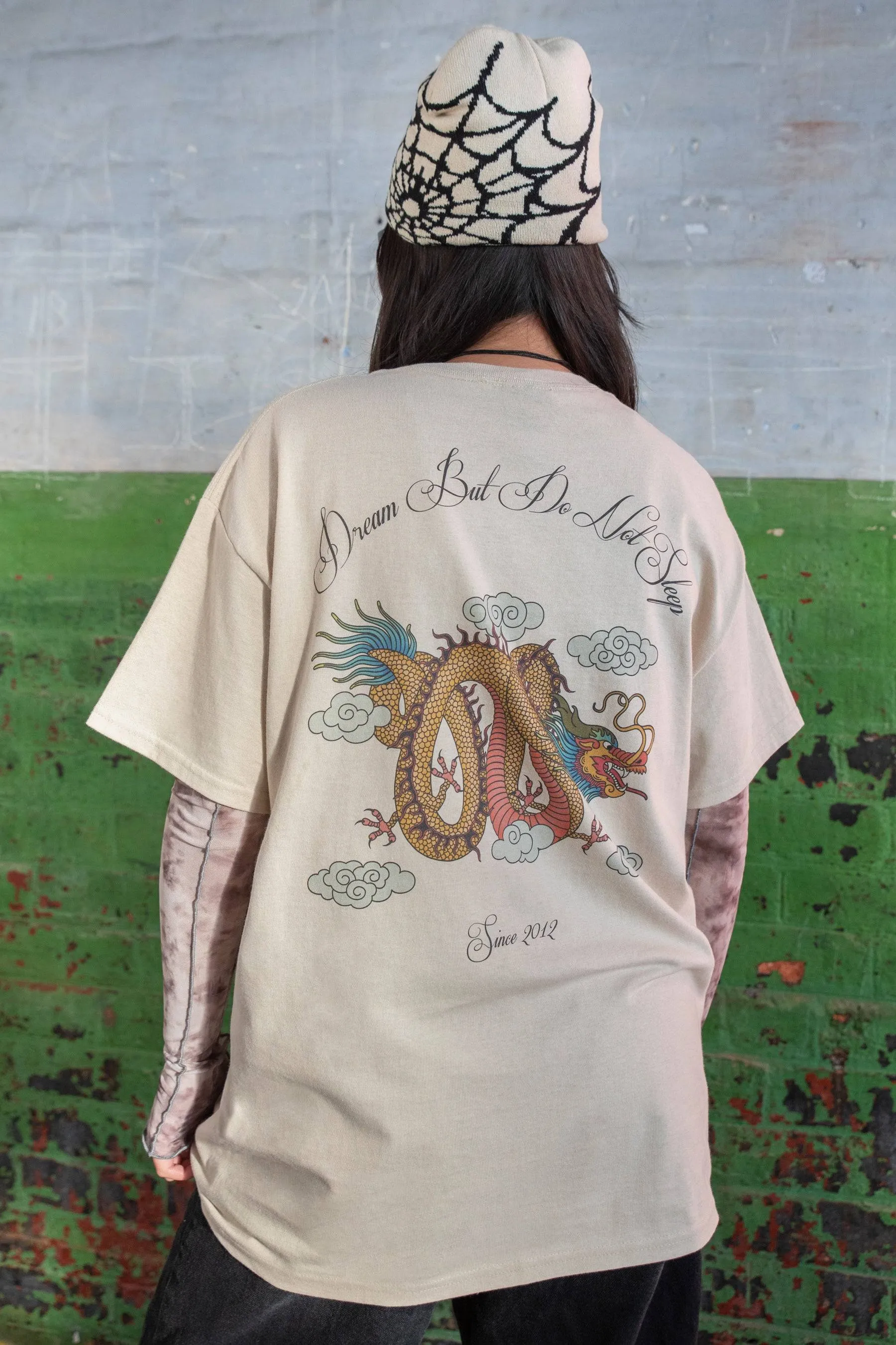 Short Sleeved T-shirt in Sand With Chinese Dragon Print sold by Dream But Do Not Sleep