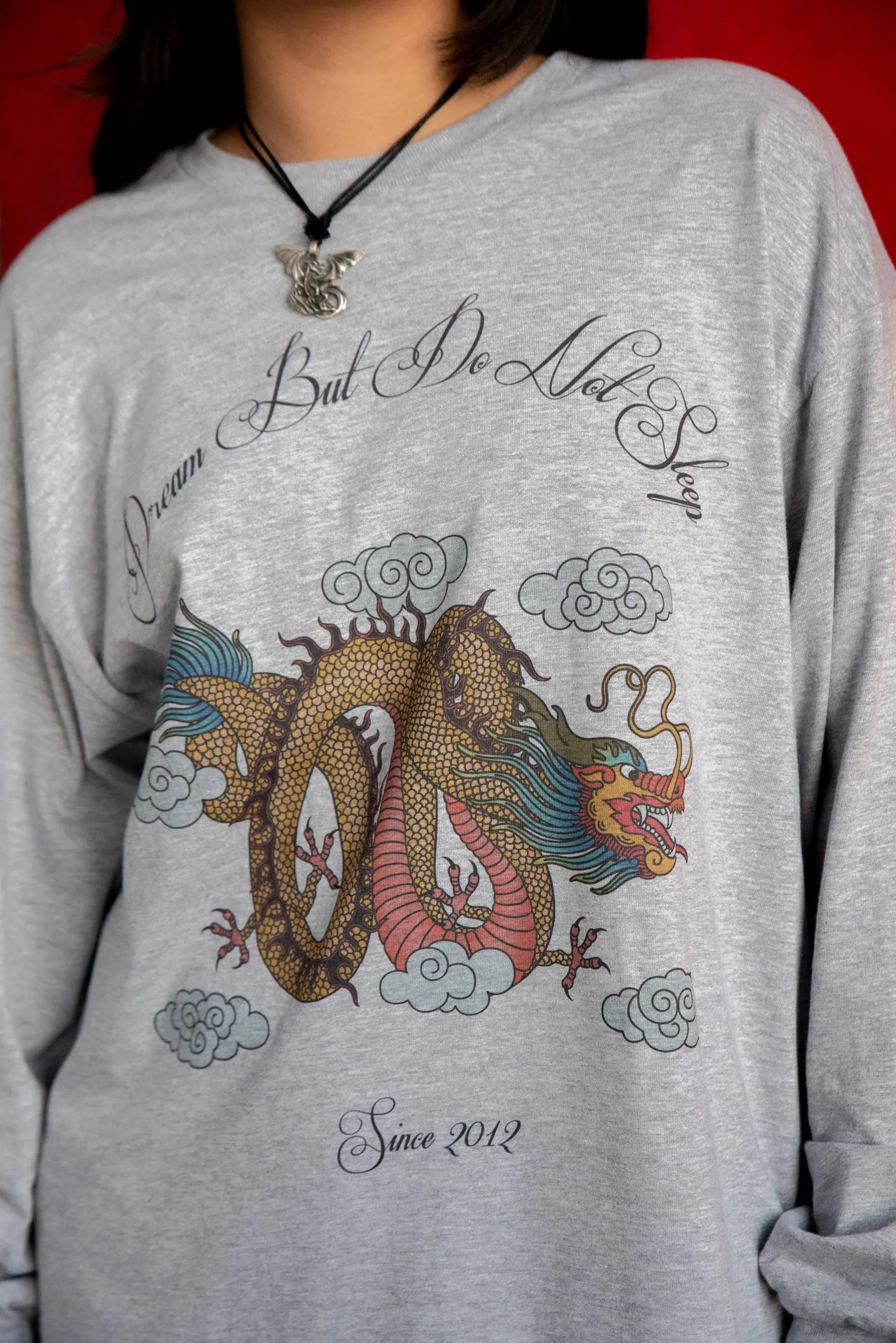 Long Sleeved T-shirt in Heather Grey With Chinese Dragon Print sold by Dream But Do Not Sleep product image thumbnail 2