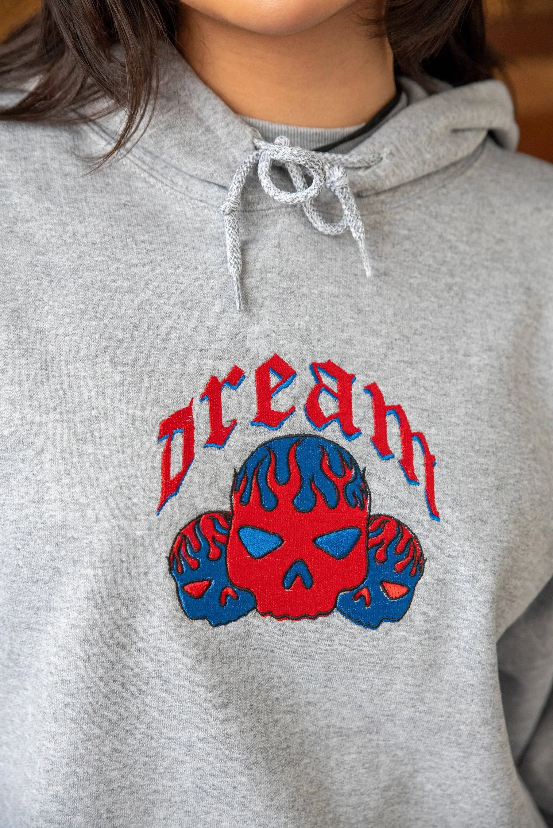 Hoodie in Heather Grey With Flaming Skull Embroidery sold by Dream But Do Not Sleep product image thumbnail 2