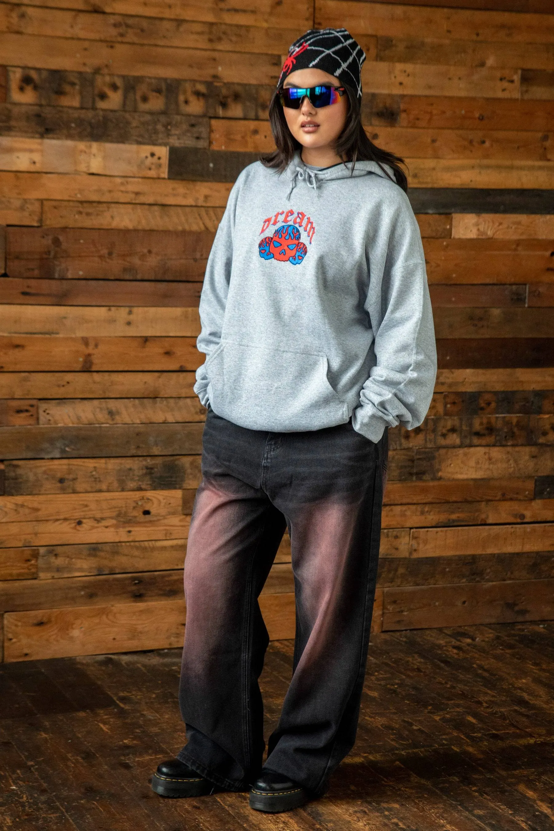 Hoodie in Heather Grey With Flaming Skull Embroidery sold by Dream But Do Not Sleep product image thumbnail 3