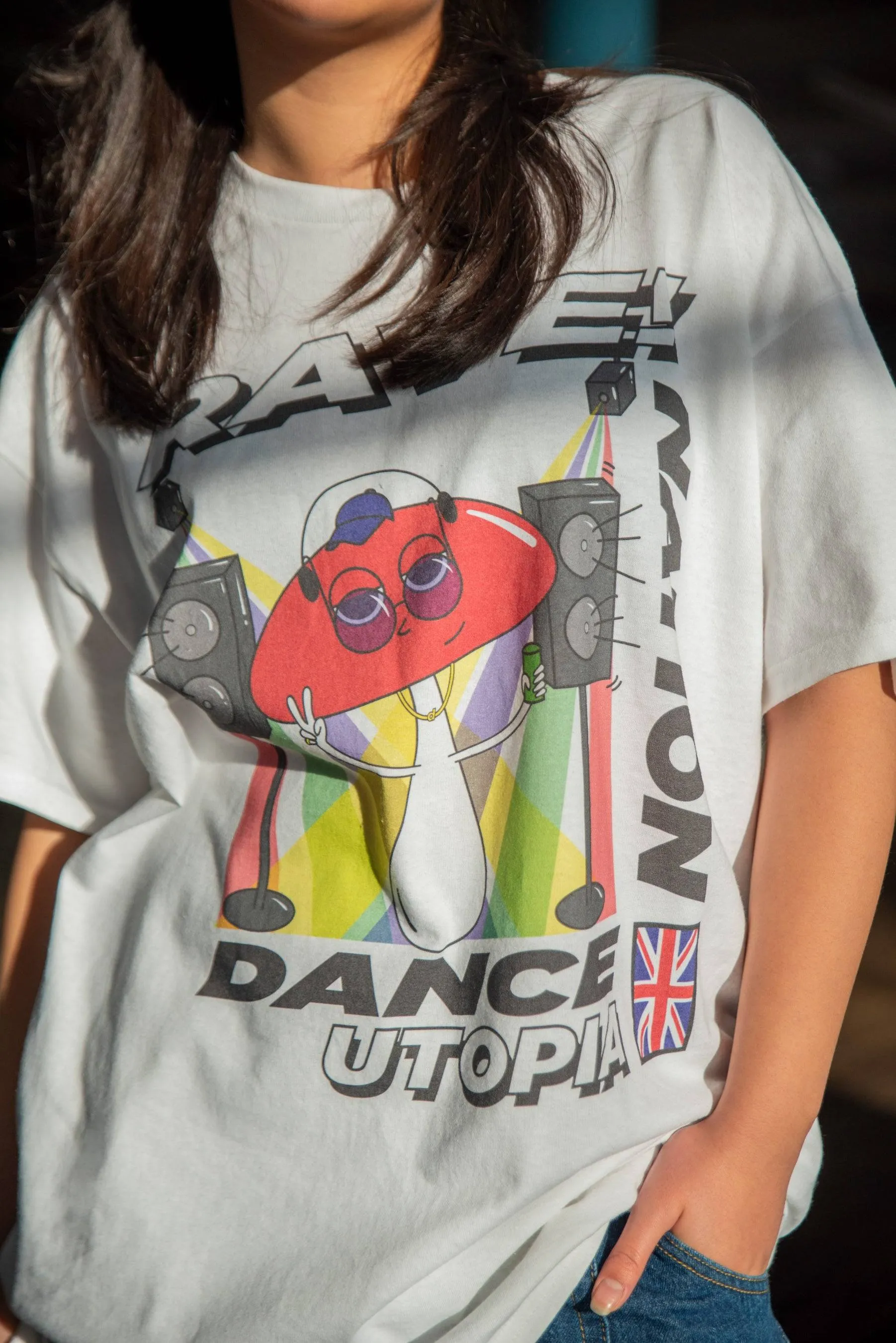 Short Sleeved T-shirt in White with Mushroom Dance Utopia Print sold by Dream But Do Not Sleep product image thumbnail 2