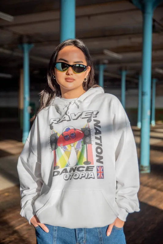 Hoodie in White with Mushroom Dance Utopia Print sold by Dream But Do Not Sleep