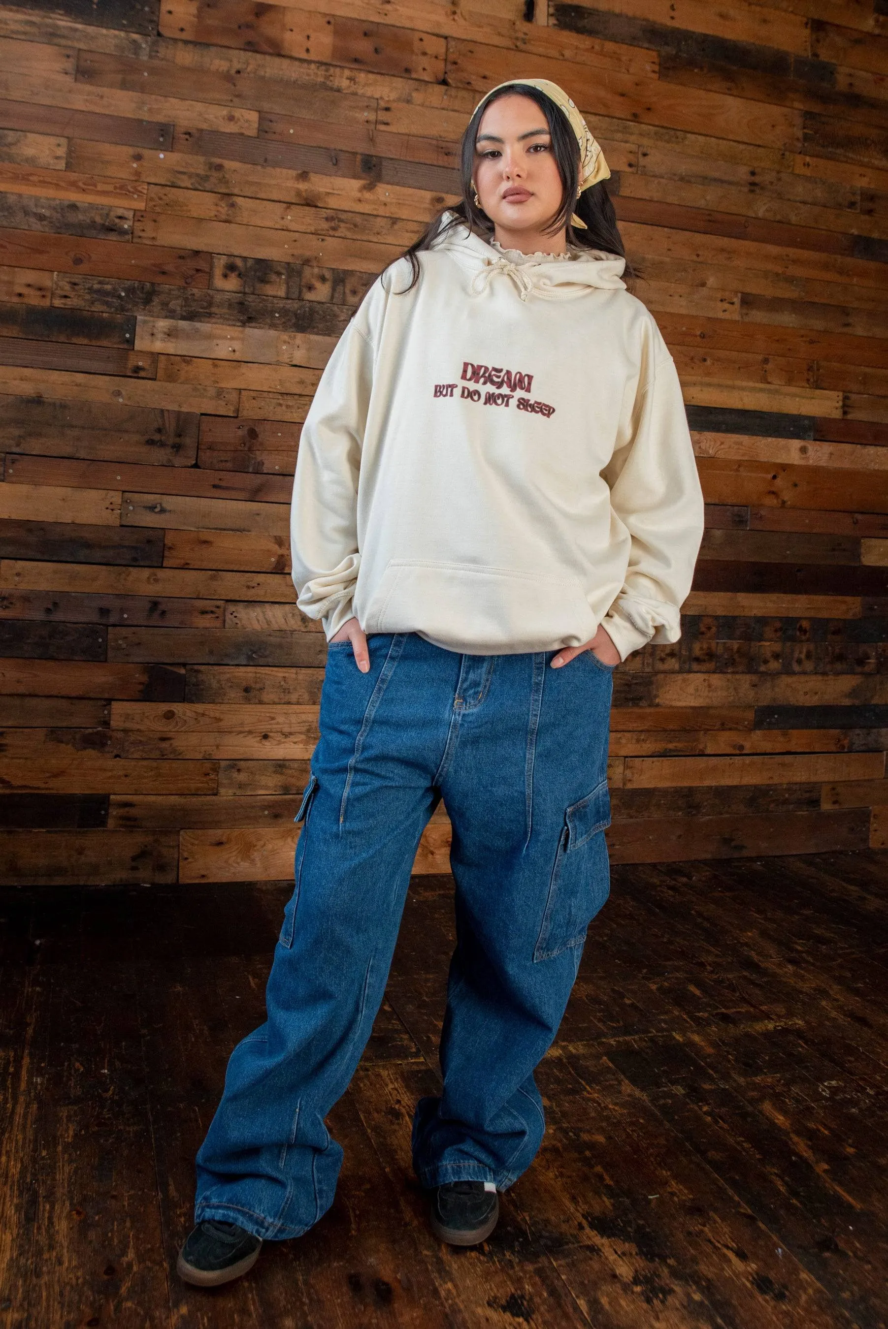 Hoodie in Vanilla with Cursive Logo Print sold by Dream But Do Not Sleep product image thumbnail 2