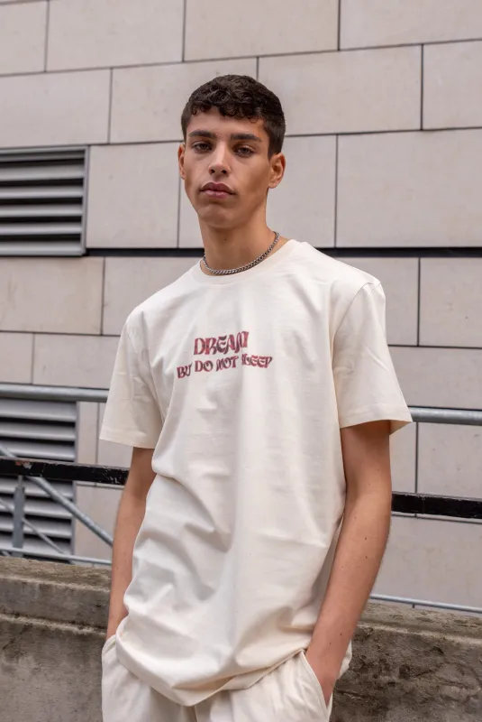 Short Sleeved T-shirt in Natural With Cursive Logo Print sold by Dream But Do Not Sleep