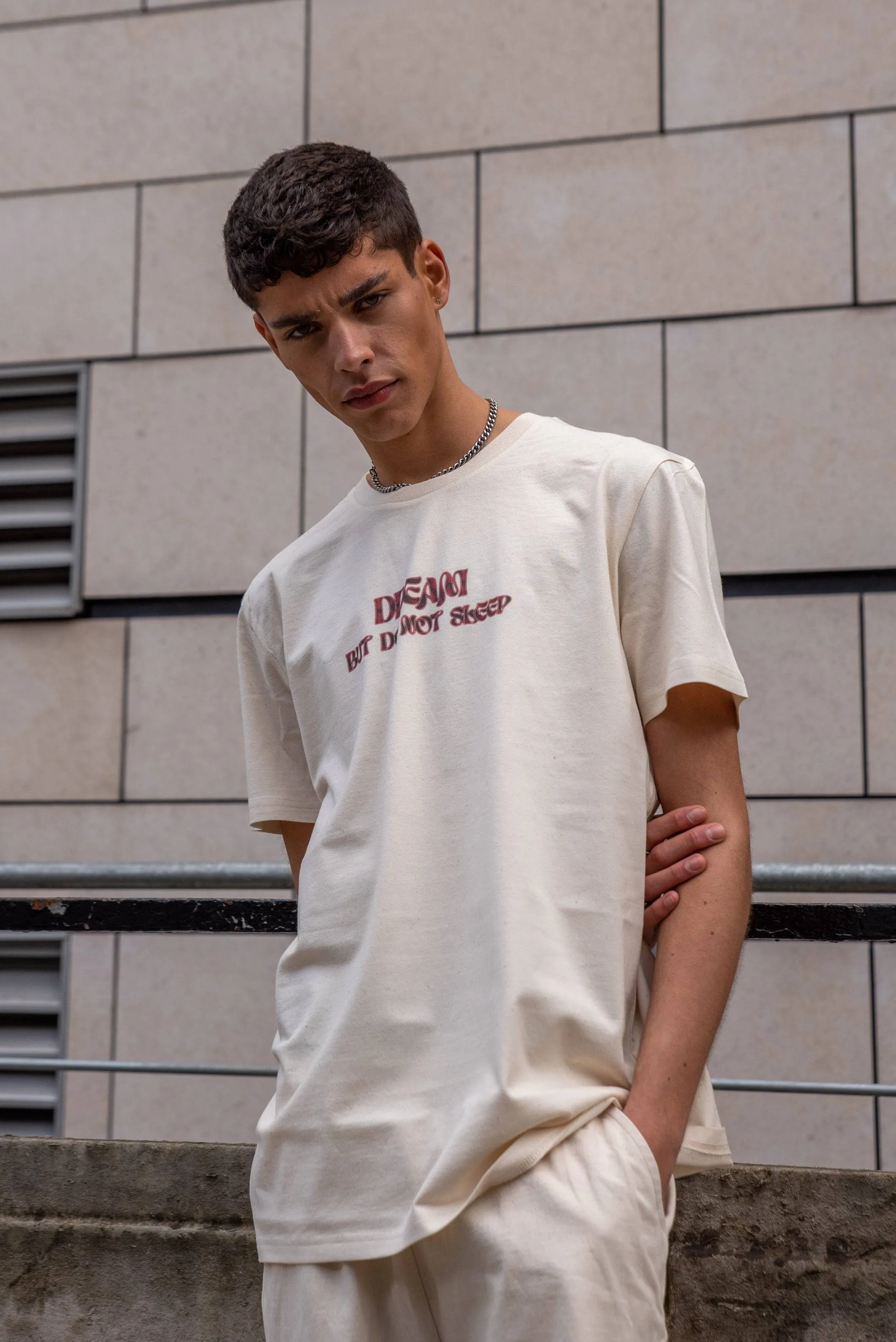 Short Sleeved T-shirt in Natural With Cursive Logo Print sold by Dream But Do Not Sleep product image thumbnail 4