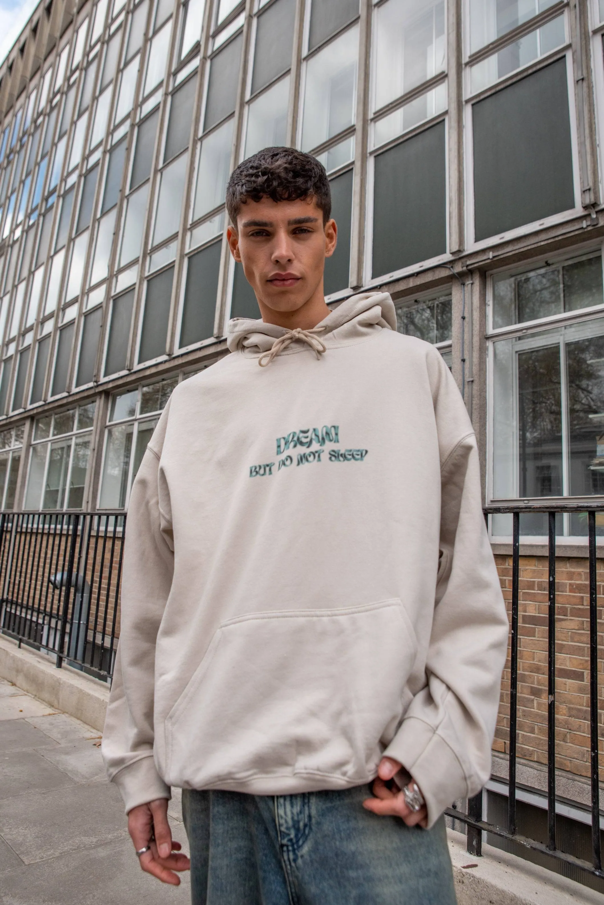 Hoodie in Sand with Cursive Logo Print sold by Dream But Do Not Sleep