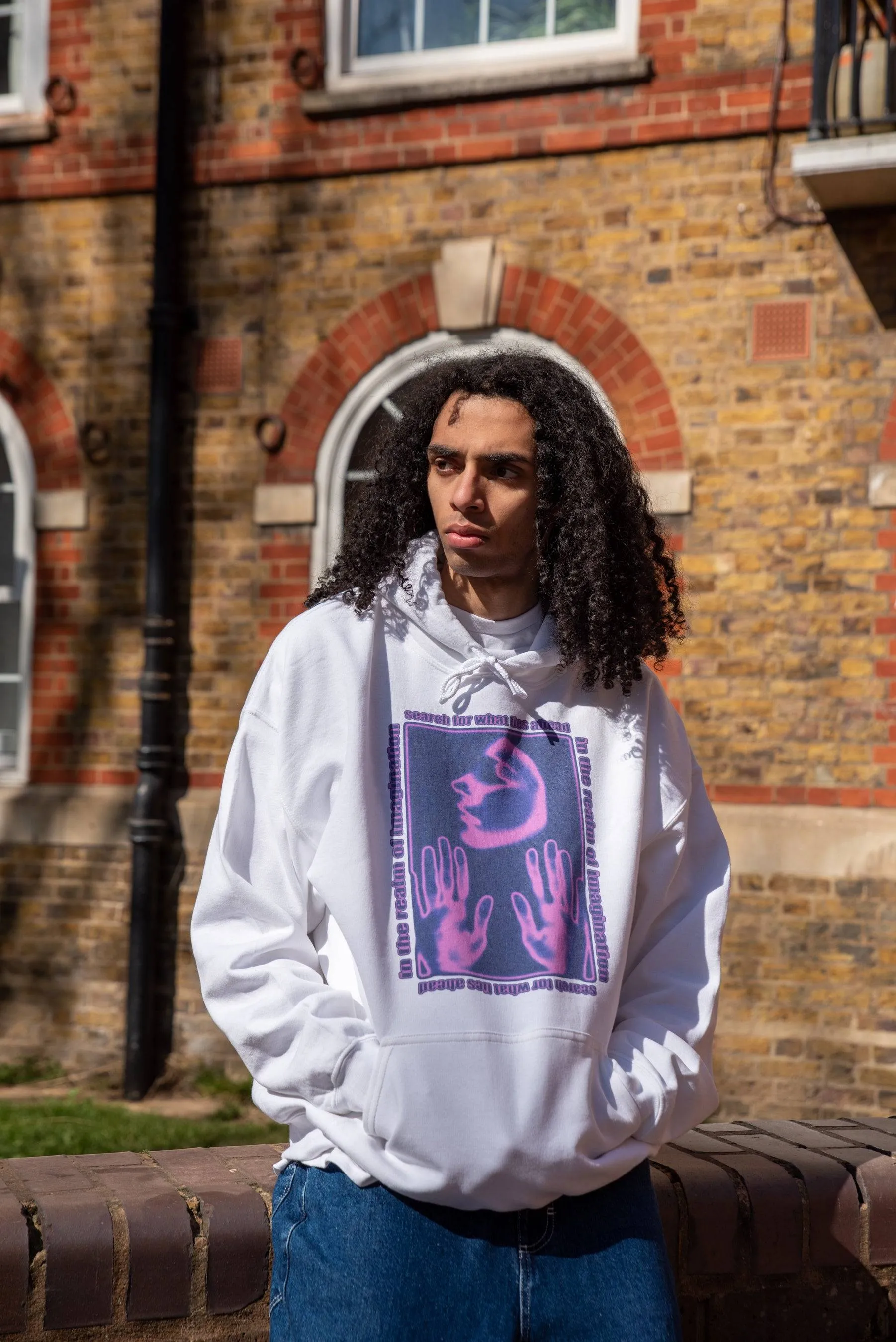 Hoodie in White With In The Realm of Imagination Print Colour sold by Dream But Do Not Sleep