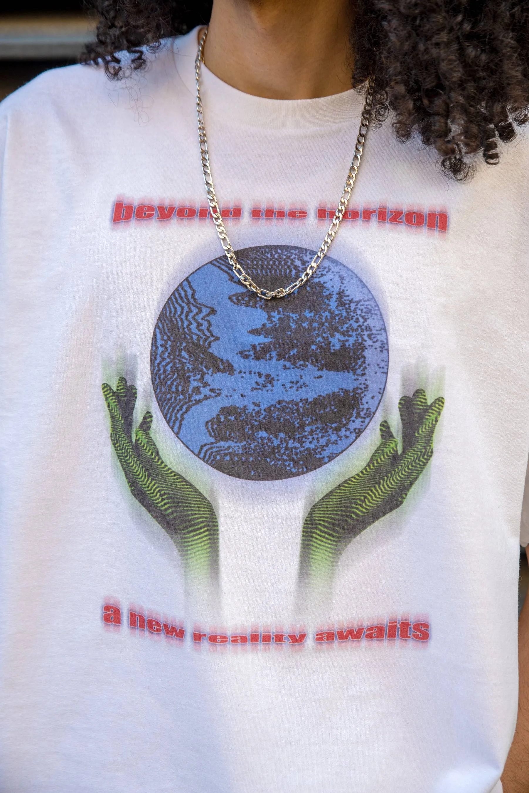 220gsm Short Sleeved T-shirt in White with Beyond The Horizon Print sold by Dream But Do Not Sleep product image thumbnail 2