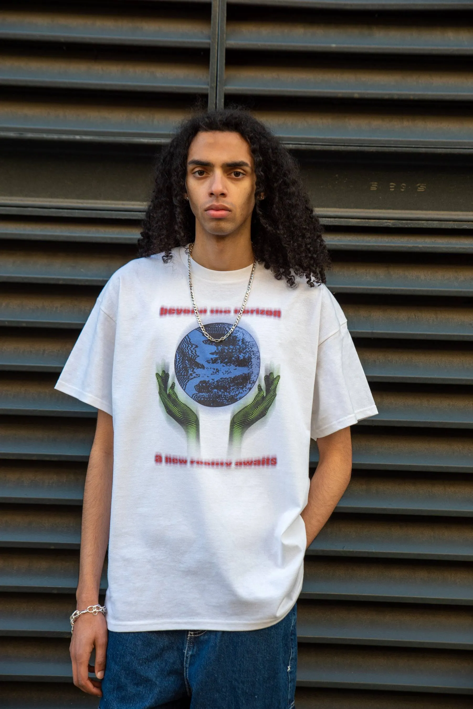 220gsm Short Sleeved T-shirt in White with Beyond The Horizon Print sold by Dream But Do Not Sleep product image thumbnail 3