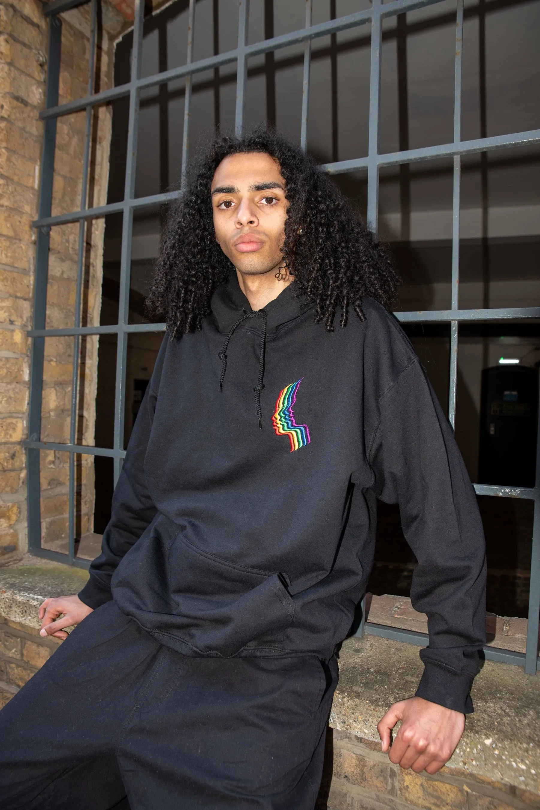 Hoodie in Black with Rainbow Futuristic Embroidery sold by Dream But Do Not Sleep