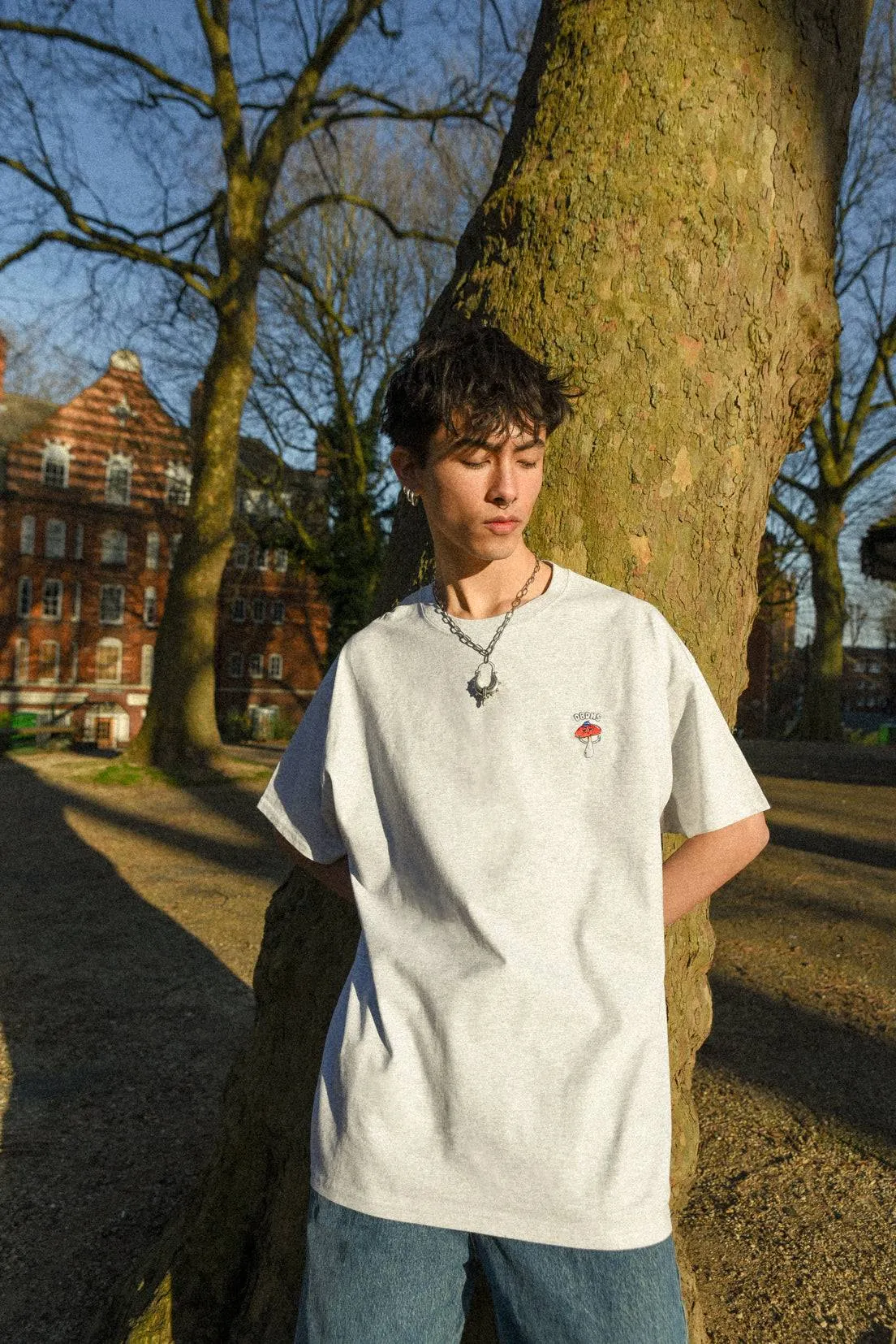 Short Sleeved T-shirt in Ash Grey with Sup Bro! Mushroom Embroidery sold by Dream But Do Not Sleep product image thumbnail 2