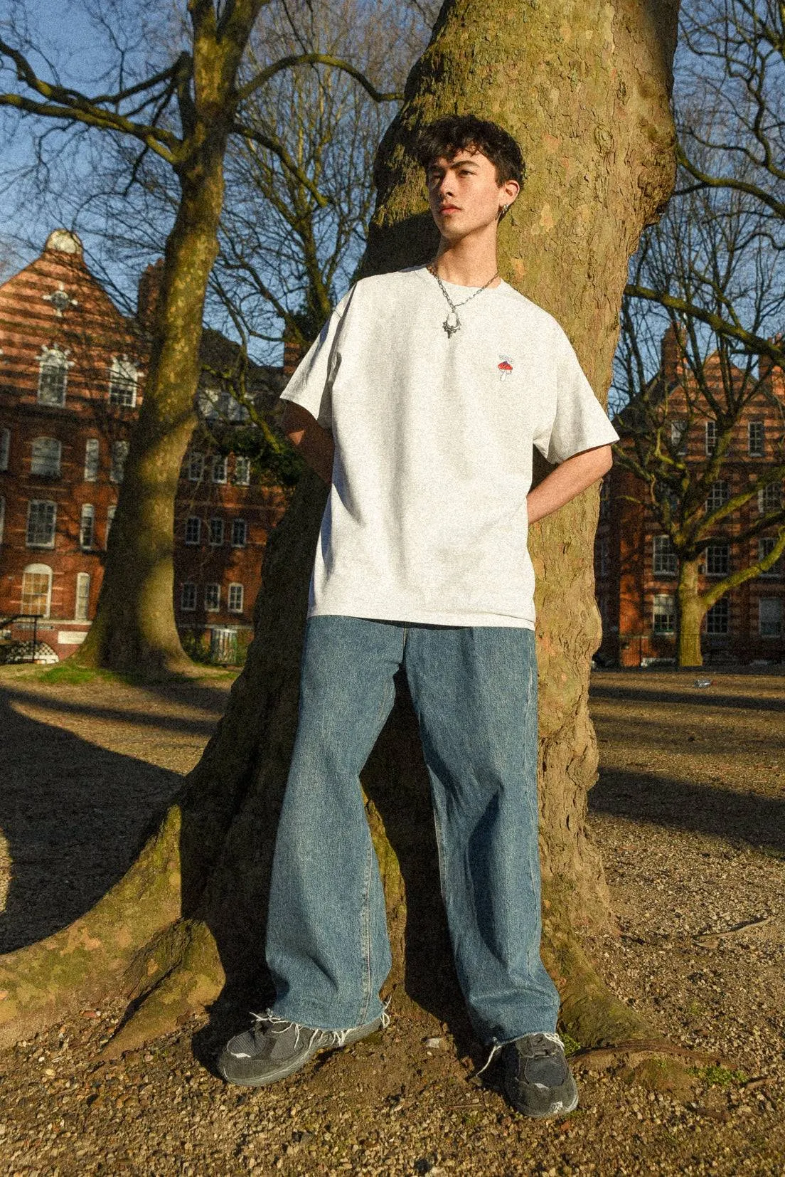 Short Sleeved T-shirt in Ash Grey with Sup Bro! Mushroom Embroidery sold by Dream But Do Not Sleep product image thumbnail 4